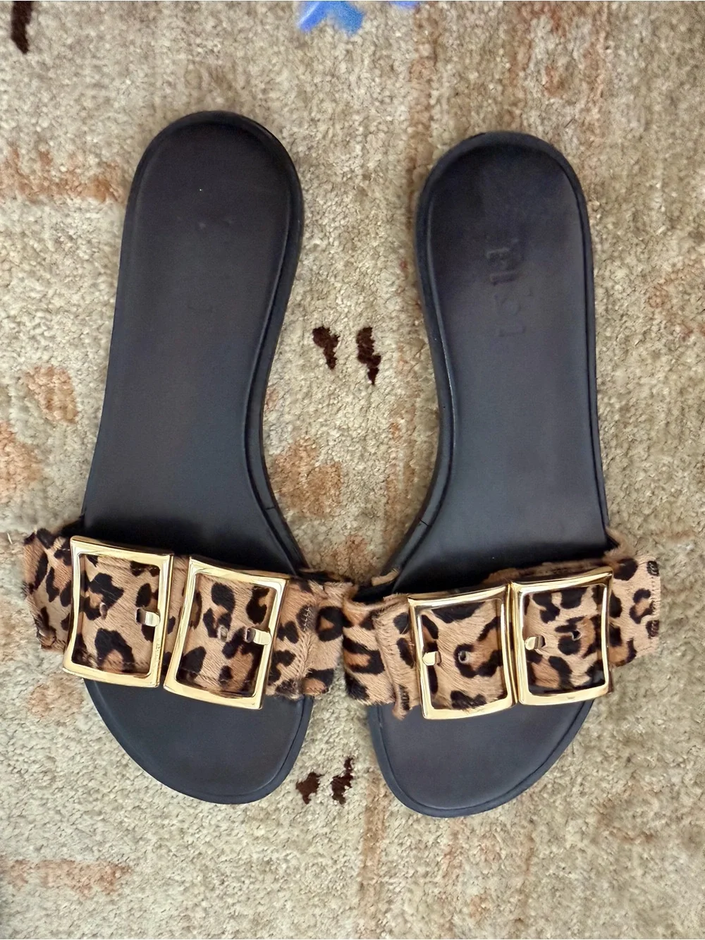 Tibi Leopard Print Slide Sandals with Gold Buckles -